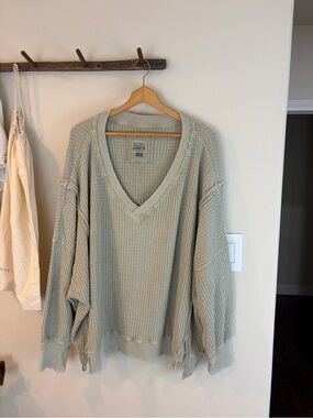 American Eagle Seriously Lived In Sweatshirt XL Beige Gray Waffle Knit